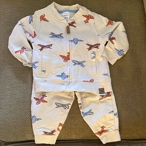 Carter's Cream Baby Zip Jacket & Joggers with Orange and Blue Airplanes